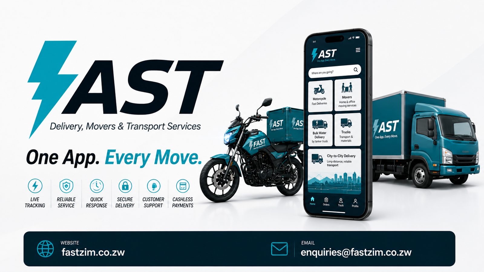 The FAST app shown with a branded motorcycle and delivery truck
